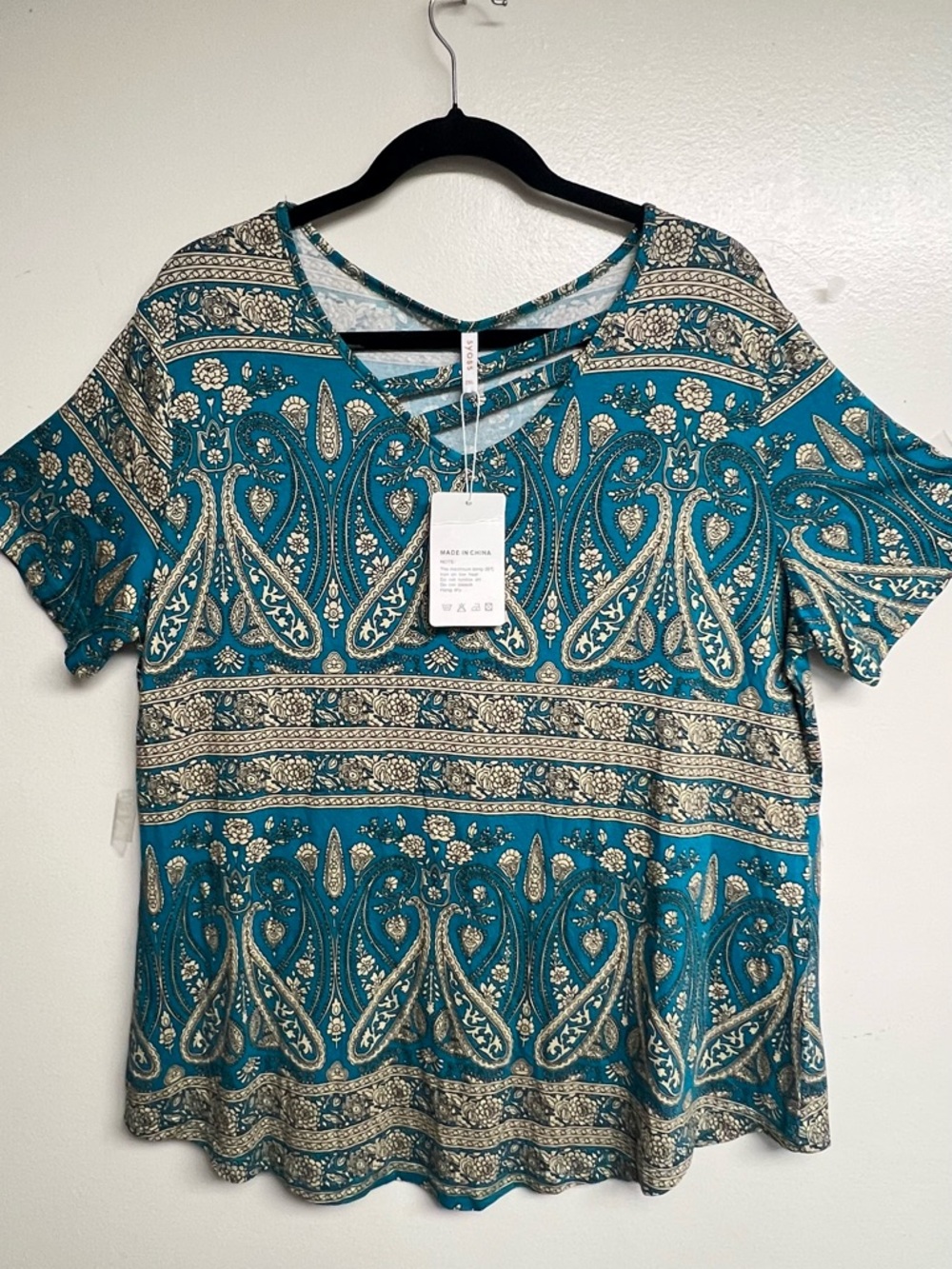 Nally & Millie Teal Paisley Short Sleeve V-Neck Tee